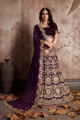 Wine Sequins Embroidered Semi Velvet Lehenga Choli For Wedding 3