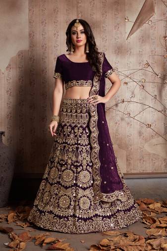 Mesmerizing Wine Sequins Embroidered semi velvet Lehenga choli for wedding