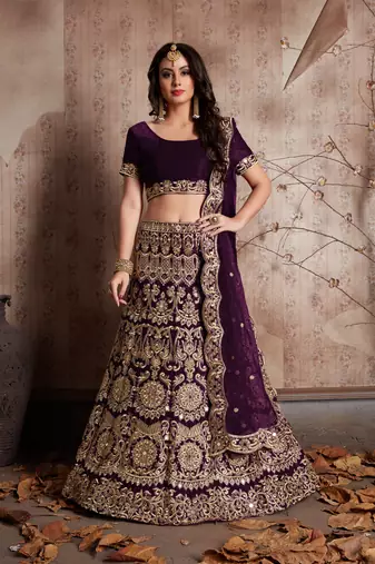 Mesmerizing Wine Sequins Embroidered semi velvet Lehenga choli for wedding