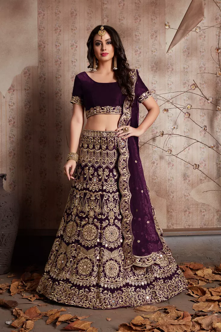 Mesmerizing Wine Sequins Embroidered semi velvet Lehenga choli for wedding