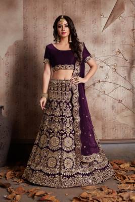 Wine Sequins Embroidered Semi Velvet Lehenga Choli For Wedding 4