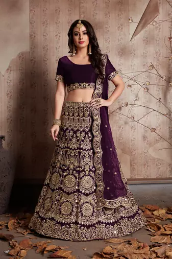 Wine Sequins Embroidered Semi Velvet Lehenga Choli For Wedding
