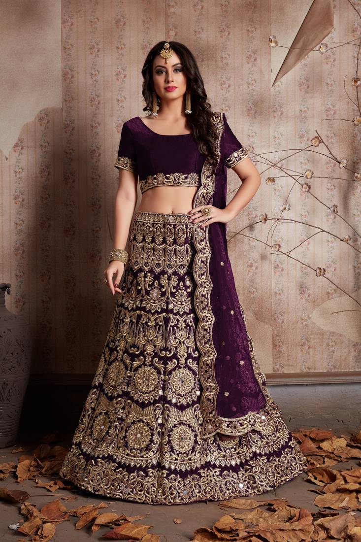 Wine Sequins Embroidered Semi Velvet Lehenga Choli For Wedding