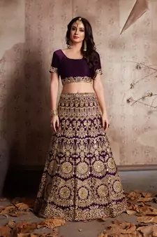 Wine Sequins Embroidered Semi Velvet Lehenga Choli For Wedding