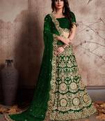 Green Zari And Sequins Embroidered Semi Velvet Desingner Wedding Indian Dress Lehenga Designs For Bride