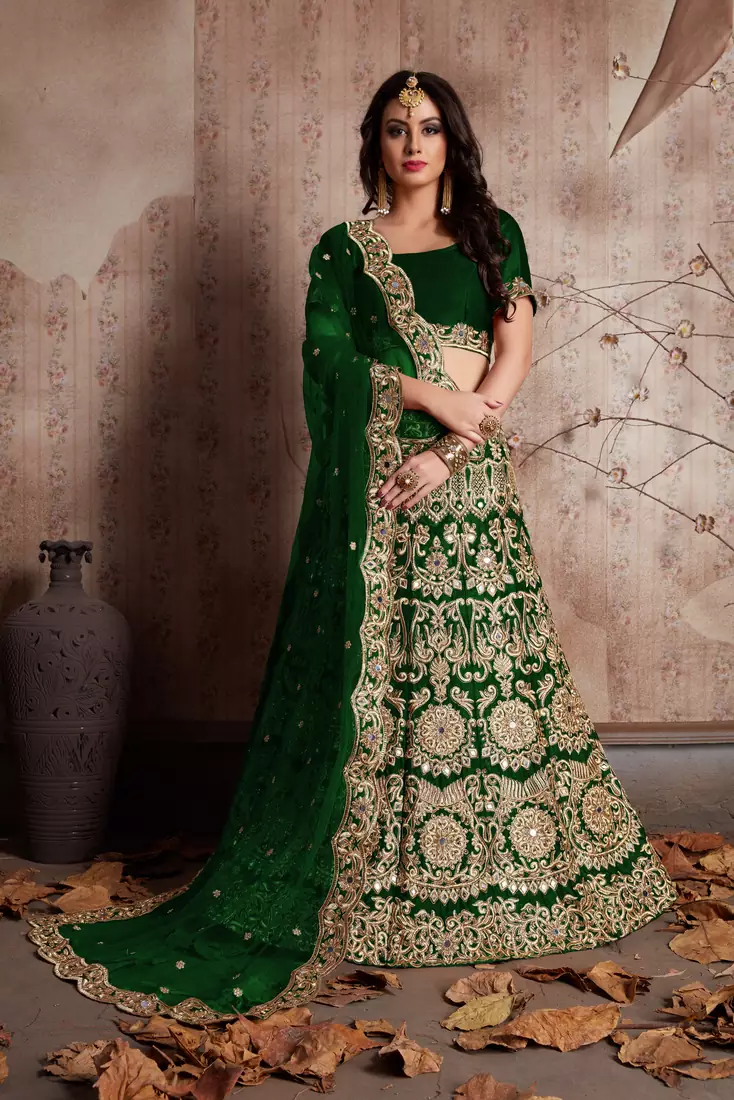 Glamorous Green Zari And Sequins Embroidered semi velvet desingner wedding indian dress lehenga designs for bride