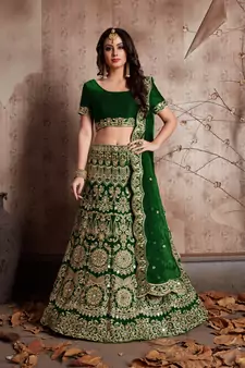 Green Zari And Sequins Embroidered Semi Velvet Designer Wedding Lehenga 