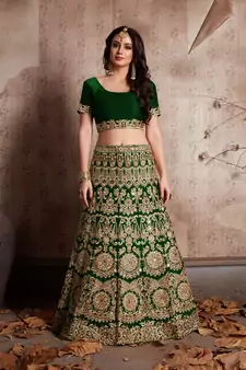 Green Zari And Sequins Embroidered Semi Velvet Designer Wedding Lehenga 
