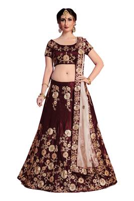 Maroon zari, dori and Sequins Embroidered Velvet Semi Stitched bridal lehenga 1