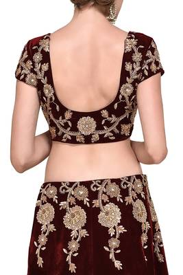 Maroon zari, dori and Sequins Embroidered Velvet Semi Stitched bridal lehenga 4