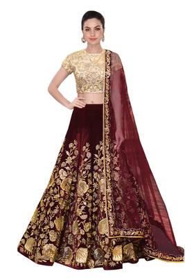 Maroon Embroidered semi Velvet Semi Stitched wedding lehenga 1