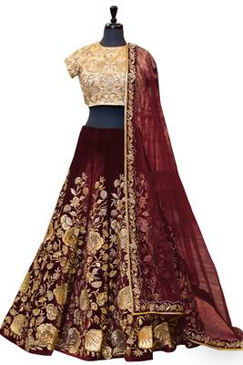 Maroon Embroidered semi Velvet Semi Stitched wedding lehenga 3