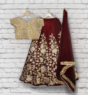 Maroon Embroidered semi Velvet Semi Stitched wedding lehenga 4