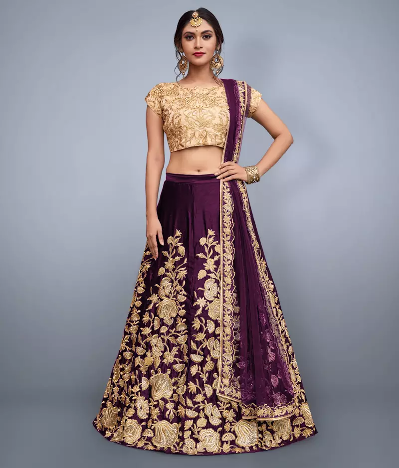 Attractive Purple Embroidered semi velvet wedding lehenga choli