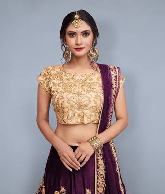  Wine Colored Embroidered Semi Velvet Wedding Lehenga Choli Dress 2