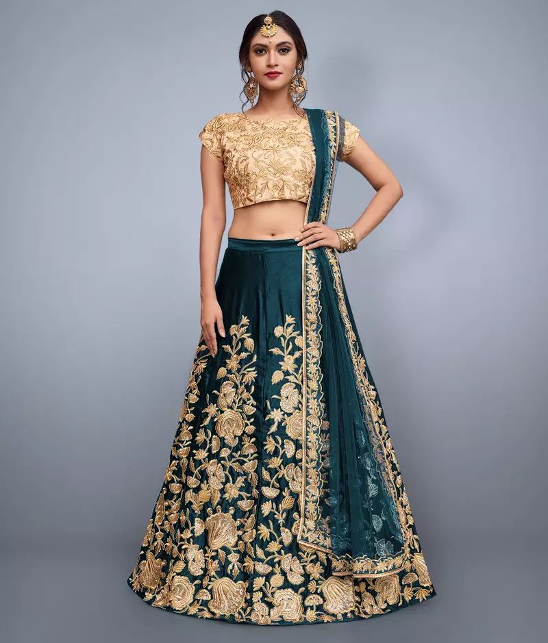 Captivating Rama Green Sequins Embroidered Semi Velvet Lehenga Choli for wedding