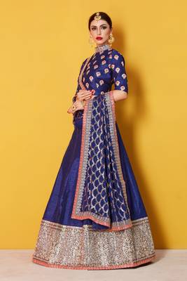 Comely Navy Blue Embroidered Art Silk Semi Stitched wedding Lehenga 3