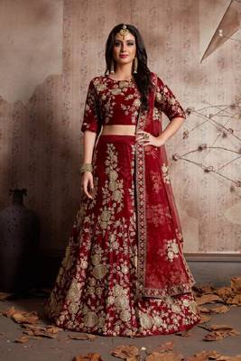 Mesmerizing Maroon Dori & Sequins embroidered semi velvet semi stitched wedding Lehenga 1