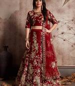 Mesmerizing Maroon Dori & Sequins embroidered semi velvet semi stitched wedding Lehenga