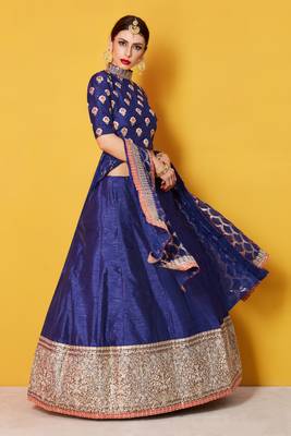 Comely Navy Blue Embroidered Art Silk Semi Stitched wedding Lehenga 4