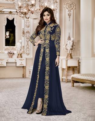 Blue embroidered faux georgette Anarkali  1
