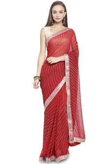 Geroo Jaipur Red woven faux georgette saree with blouse
