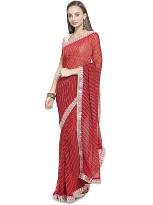   Red woven faux georgette saree with blouse 2