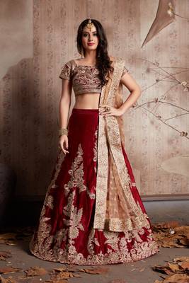 Maroon Embroidered Velvet Semi Stitched wedding lehenga 2