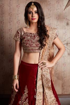 Maroon Embroidered Velvet Semi Stitched wedding lehenga 3