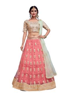 Pink Dori, Sequins Embroidered with Mirror work Net Semi Stitched bridal lehenga