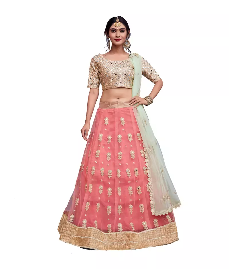 Pink Dori, Sequins Embroidered with Mirror work Net Semi Stitched bridal lehenga