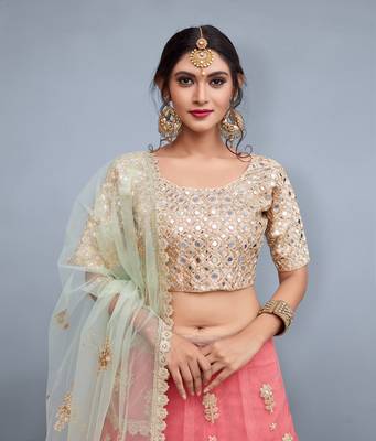 Appealing Pink Dori, Sequins Embroidered with Mirror work Net Semi Stitched Bridal Lehenga 3
