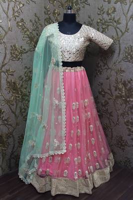 Appealing Pink Dori, Sequins Embroidered with Mirror work Net Semi Stitched Bridal Lehenga 4