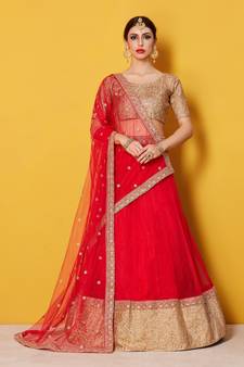 Glamorous Red Colored Zari and Sequins Embroidered Art Silk Fabric wedding Lehenga for Bride