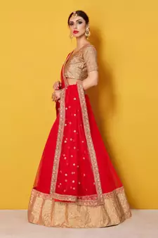 Glamorous Red Colored Zari and Sequins Embroidered Art Silk Fabric wedding Lehenga for Bride