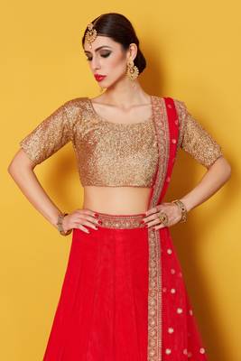 Glamorous Red Colored Zari and Sequins Embroidered Art Silk Fabric wedding Lehenga for Bride 3