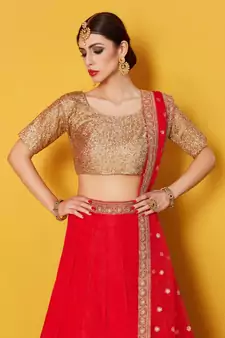 Glamorous Red Colored Zari and Sequins Embroidered Art Silk Fabric wedding Lehenga for Bride