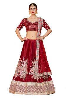 Maroon dori, resham, sequins Embroidered Velvet Semi Stitched bridal lehenga