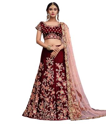 Maroon Zari, Resham, Sequins, dori Embroidered Velvet Semi Stitched bridal lehenga 1