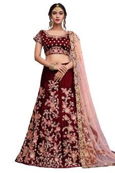 Maroon Zari, Resham, Sequins, dori Embroidered Velvet Semi Stitched bridal lehenga