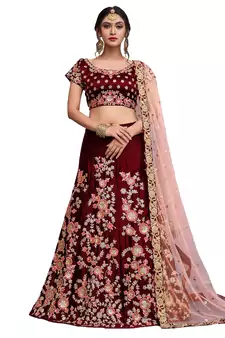 Maroon Zari, Resham, Sequins, dori Embroidered Velvet Semi Stitched bridal lehenga