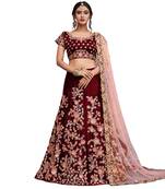 Maroon Zari, Resham, Sequins, dori Embroidered Velvet Semi Stitched bridal lehenga