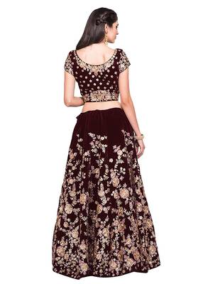Maroon Zari, Resham, Sequins, dori Embroidered Velvet Semi Stitched bridal lehenga 2