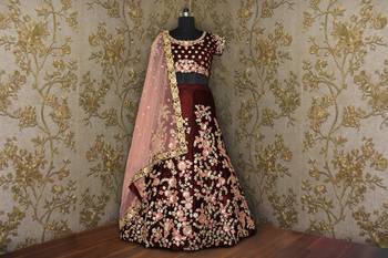 Maroon Zari, Resham, Sequins, dori Embroidered Velvet Semi Stitched bridal lehenga 3