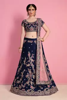 Navy Blue Embroidered semi velvet Semi Stitched wedding lehenga