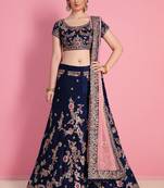 Alluring Navy Blue Embroidered Semi velvet Semi Stitched wedding Lehenga