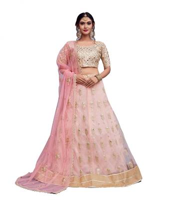 Seductive Baby Pink Zari And Sequins Embroidered Art Silk Semi Stitched Bridal Lehenga 1