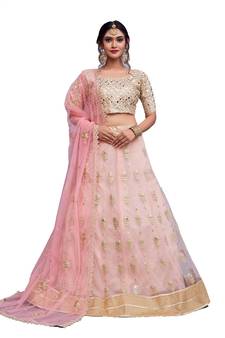 Light Pink Zari And Sequins Embroidered Art Silk Semi Stitched bridal lehenga