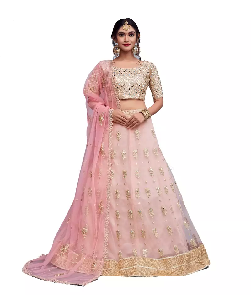 Light Pink Zari And Sequins Embroidered Art Silk Semi Stitched bridal lehenga