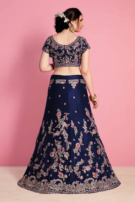 Alluring Navy Blue Embroidered Semi velvet Semi Stitched wedding Lehenga 3